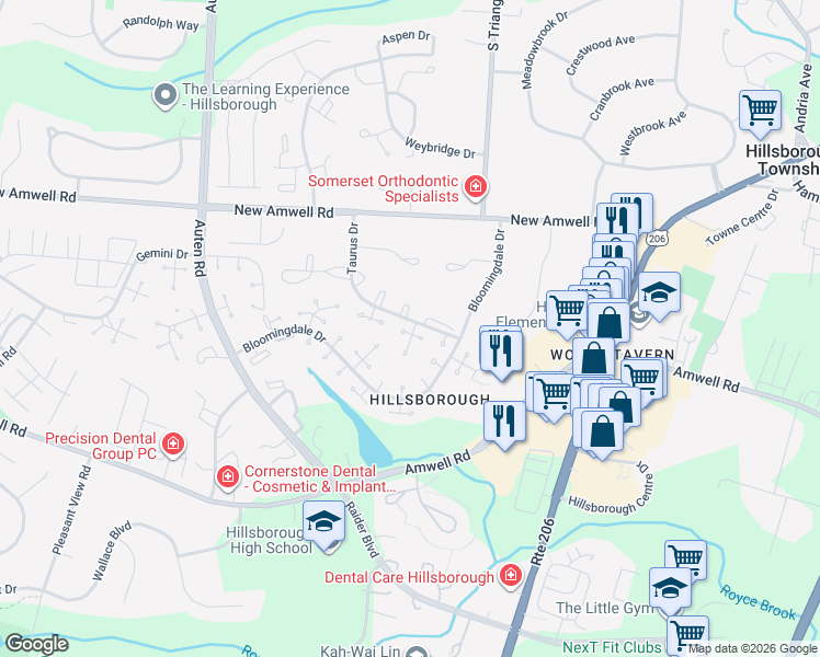 map of restaurants, bars, coffee shops, grocery stores, and more near 53 Taurus Drive in Hillsborough Township