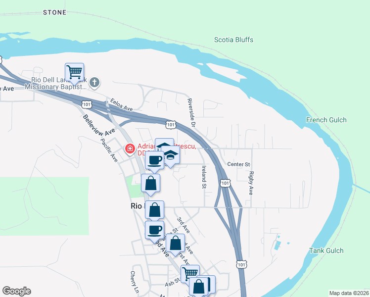 map of restaurants, bars, coffee shops, grocery stores, and more near 139 Painter Street in Rio Dell