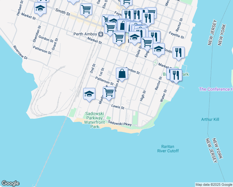 map of restaurants, bars, coffee shops, grocery stores, and more near 121 State Street in Perth Amboy