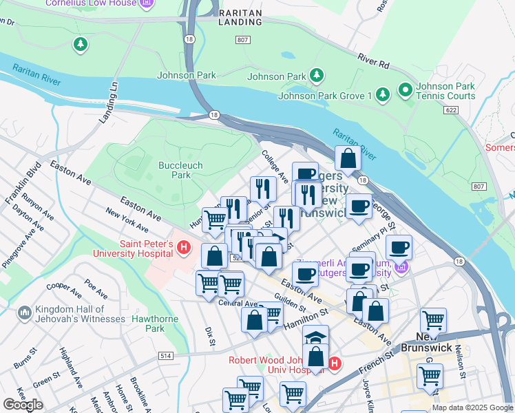 map of restaurants, bars, coffee shops, grocery stores, and more near 54 Richardson Street in New Brunswick