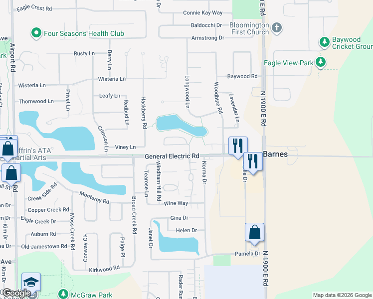 map of restaurants, bars, coffee shops, grocery stores, and more near 25 Inglewood Lane in Bloomington
