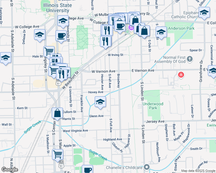 map of restaurants, bars, coffee shops, grocery stores, and more near 811 South Fell Avenue in Normal