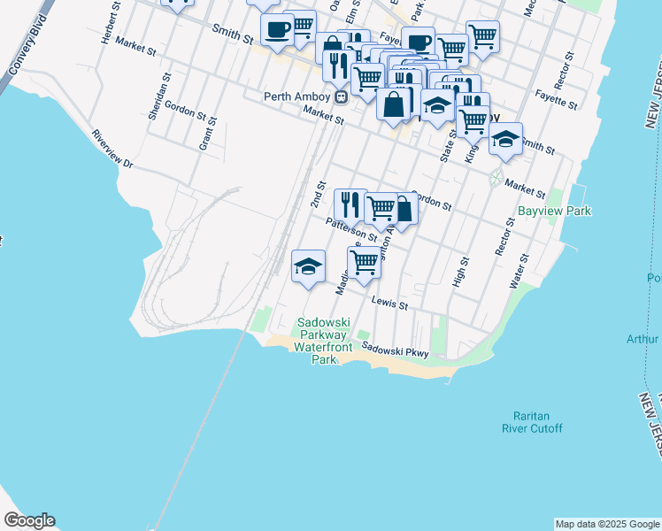 map of restaurants, bars, coffee shops, grocery stores, and more near 100 1st Street in Perth Amboy