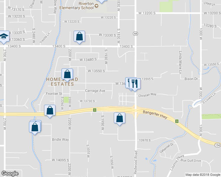 map of restaurants, bars, coffee shops, grocery stores, and more near 13676 Buckboard Way in Riverton