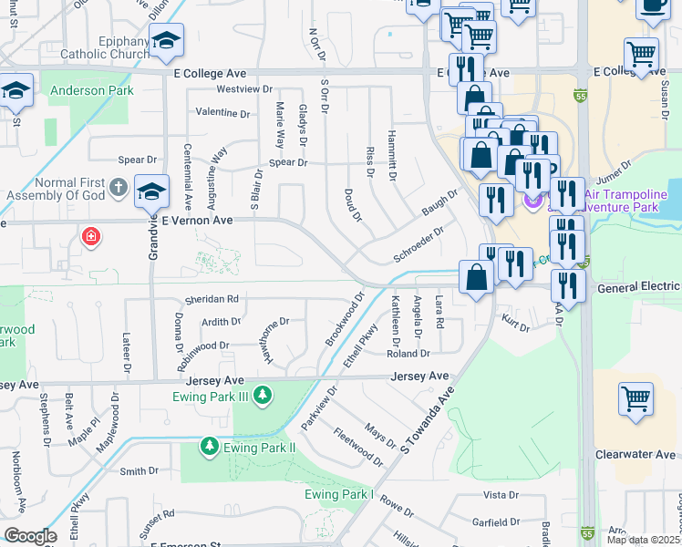 map of restaurants, bars, coffee shops, grocery stores, and more near 1331 East Vernon Avenue in Normal