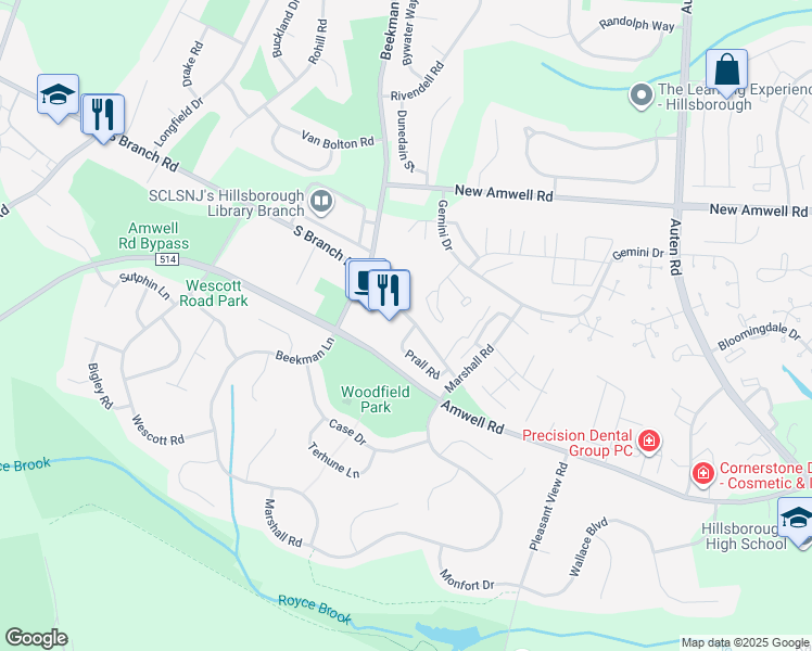 map of restaurants, bars, coffee shops, grocery stores, and more near 2 Prall Road in Somerset County