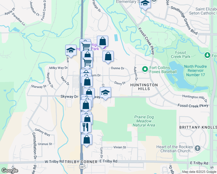 map of restaurants, bars, coffee shops, grocery stores, and more near 345 Brinn Court in Fort Collins