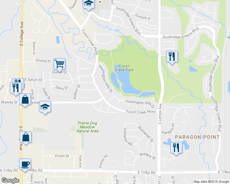 map of restaurants, bars, coffee shops, grocery stores, and more near 6020 Huntington Hills Drive in Fort Collins