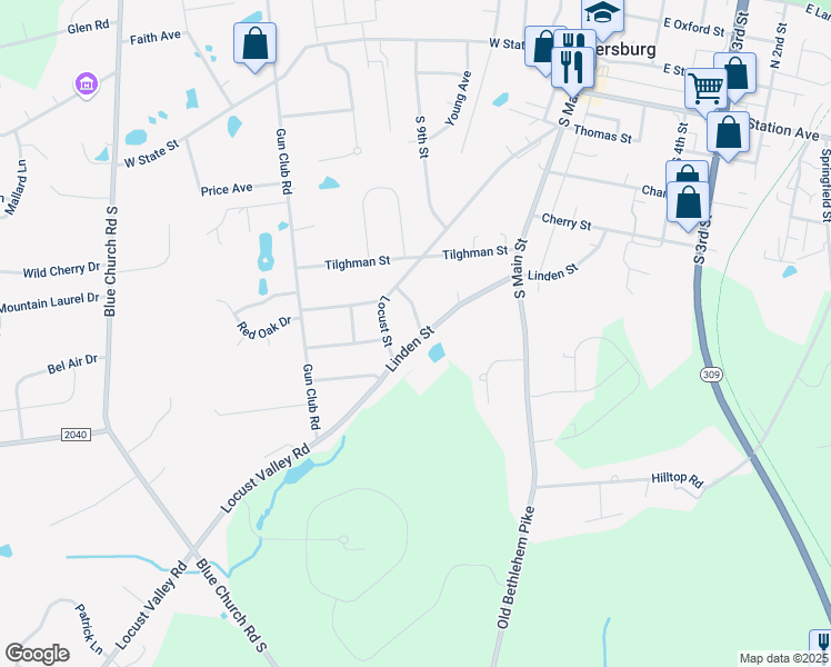 map of restaurants, bars, coffee shops, grocery stores, and more near 654 Maplewood Road in Coopersburg