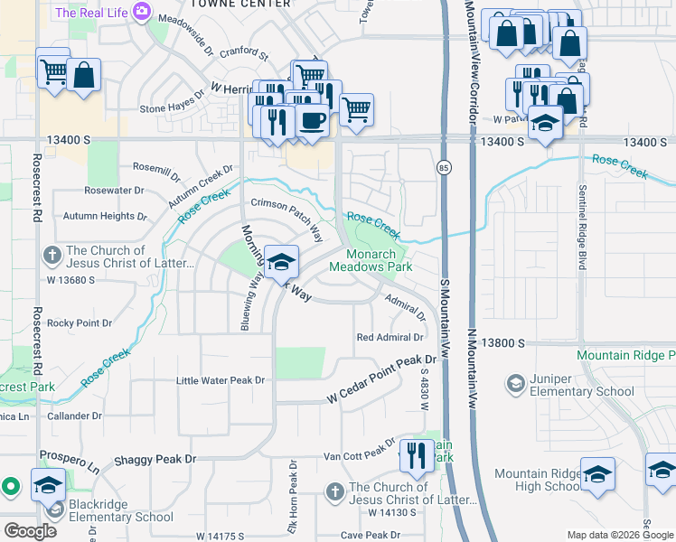 map of restaurants, bars, coffee shops, grocery stores, and more near 4976 Greenstreak Drive in Riverton