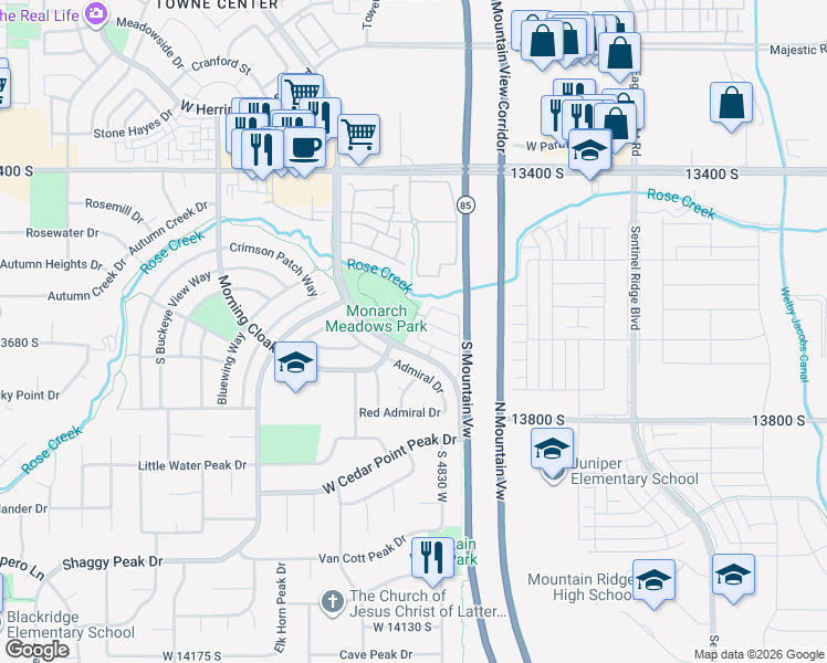 map of restaurants, bars, coffee shops, grocery stores, and more near 4852 Anise Street in Riverton