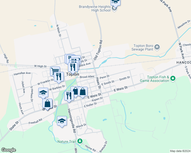 map of restaurants, bars, coffee shops, grocery stores, and more near 14 South Haas Street in Topton