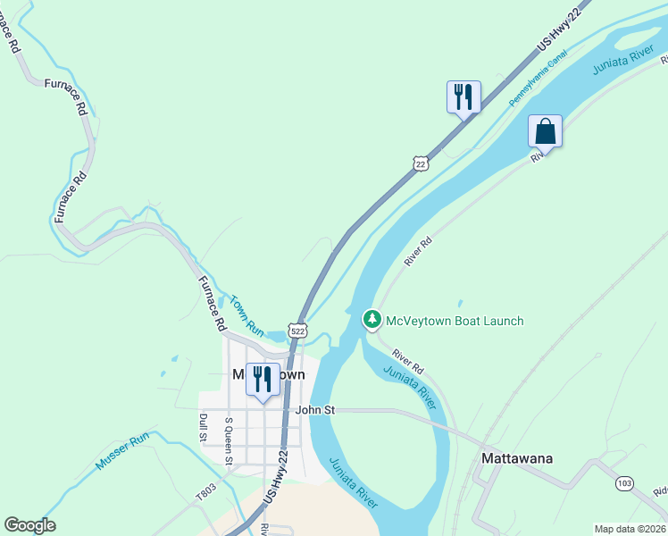 map of restaurants, bars, coffee shops, grocery stores, and more near 5830 U.S. 22 in McVeytown