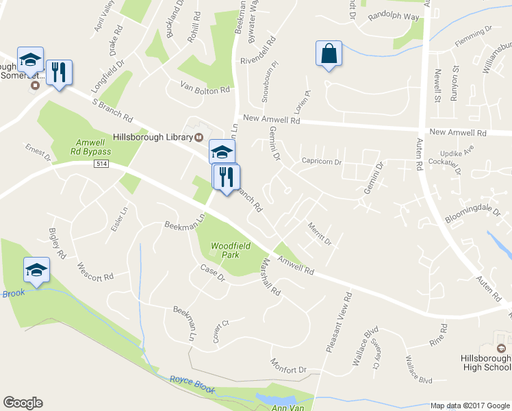 map of restaurants, bars, coffee shops, grocery stores, and more near 2 Prall Road in Somerset County