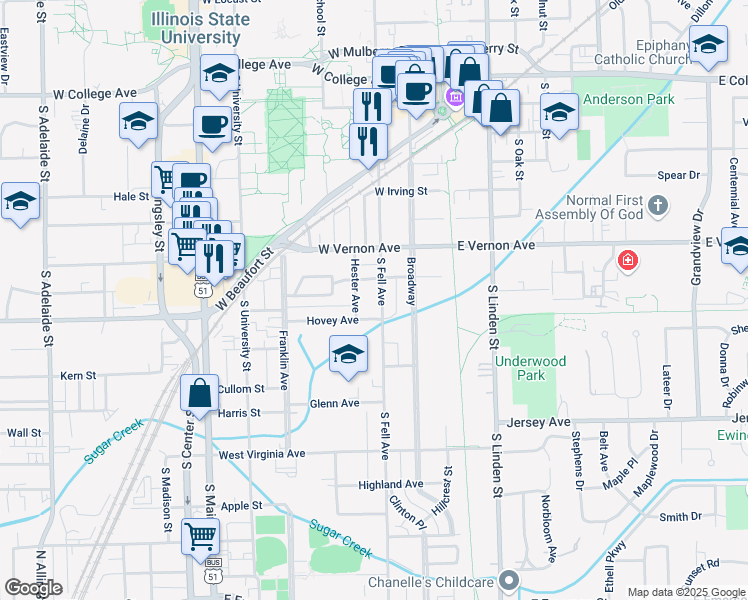 map of restaurants, bars, coffee shops, grocery stores, and more near 811 South Fell Avenue in Normal