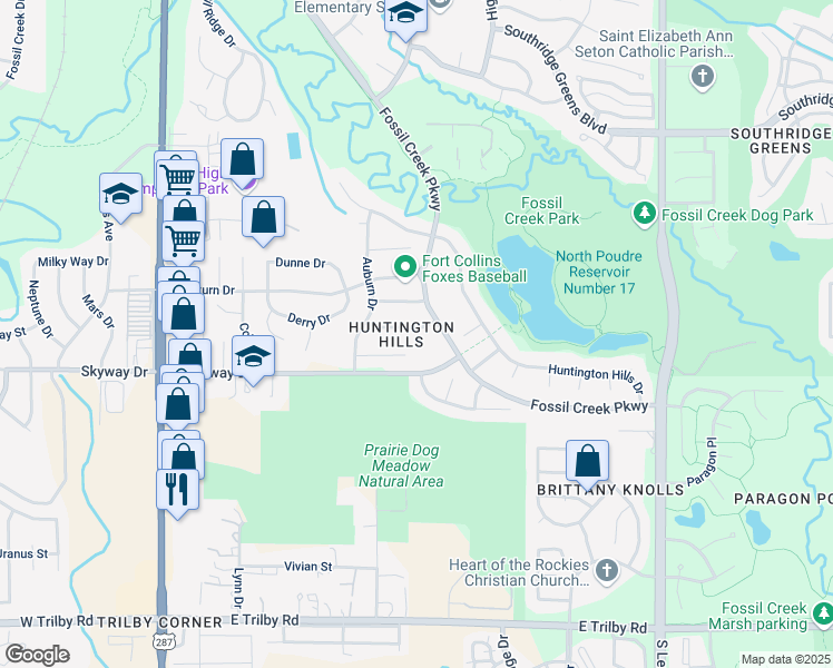 map of restaurants, bars, coffee shops, grocery stores, and more near 607 Saint Michaels Drive in Fort Collins