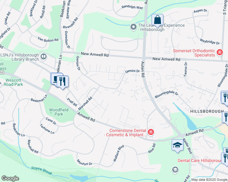 map of restaurants, bars, coffee shops, grocery stores, and more near 2D Nighthawk Court in Somerset County
