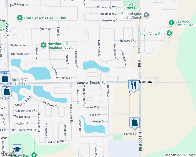 map of restaurants, bars, coffee shops, grocery stores, and more near 25 Inglewood Lane in Bloomington