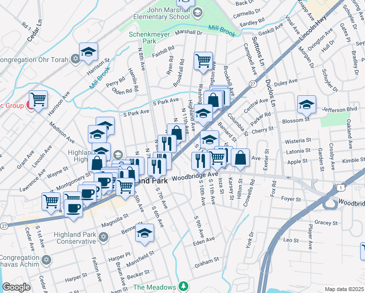 map of restaurants, bars, coffee shops, grocery stores, and more near in Highland Park