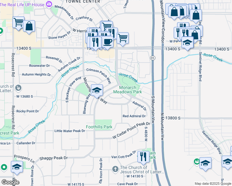 map of restaurants, bars, coffee shops, grocery stores, and more near 13643 Spring Azure Way West in Riverton