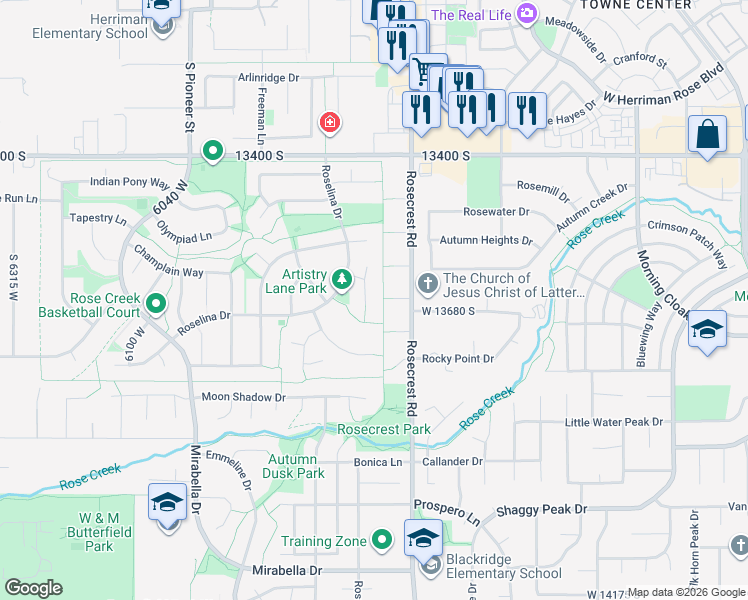 map of restaurants, bars, coffee shops, grocery stores, and more near 13671 Timeless Court in Herriman