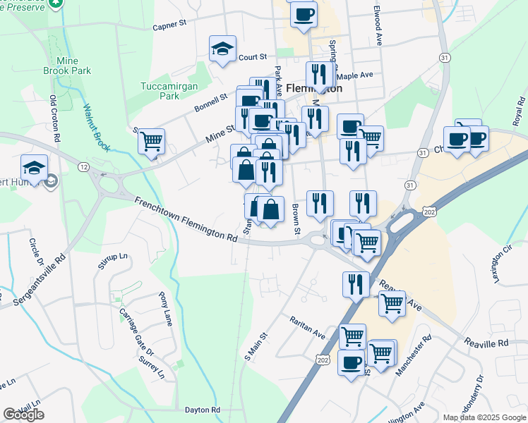 map of restaurants, bars, coffee shops, grocery stores, and more near 74 Liberty Village in Flemington