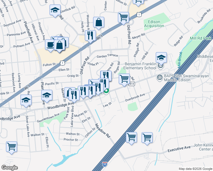 map of restaurants, bars, coffee shops, grocery stores, and more near 2303 Woodbridge Avenue in Edison