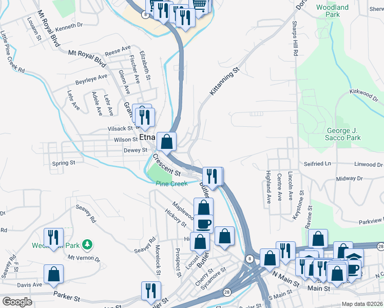map of restaurants, bars, coffee shops, grocery stores, and more near 25 Kittanning Street in Pittsburgh