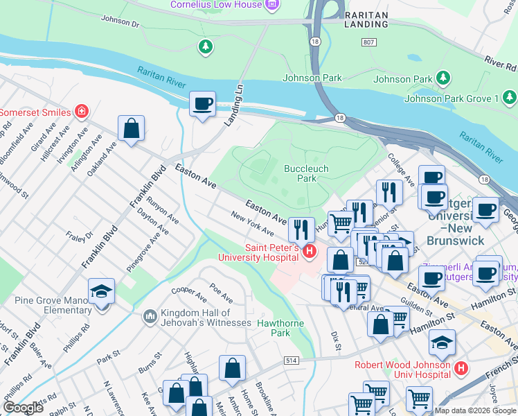 map of restaurants, bars, coffee shops, grocery stores, and more near 280 Easton Avenue in New Brunswick