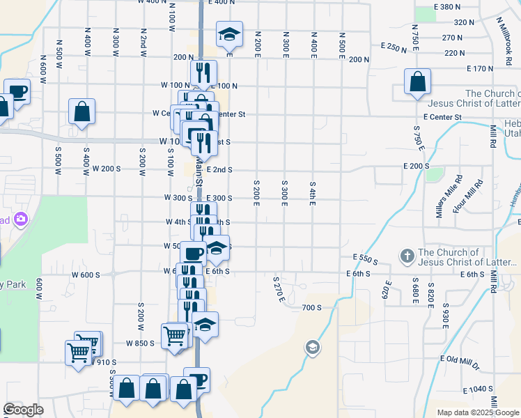 map of restaurants, bars, coffee shops, grocery stores, and more near 341 South 200 East in Heber City