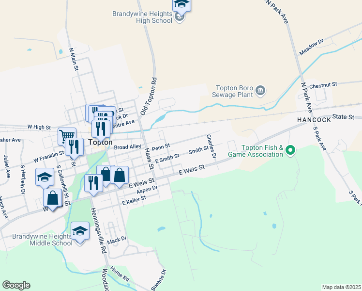 map of restaurants, bars, coffee shops, grocery stores, and more near 318 Penn Street in Topton