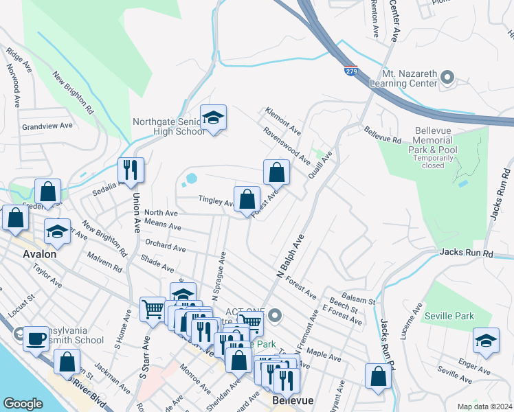map of restaurants, bars, coffee shops, grocery stores, and more near 642 Forest Avenue in Pittsburgh