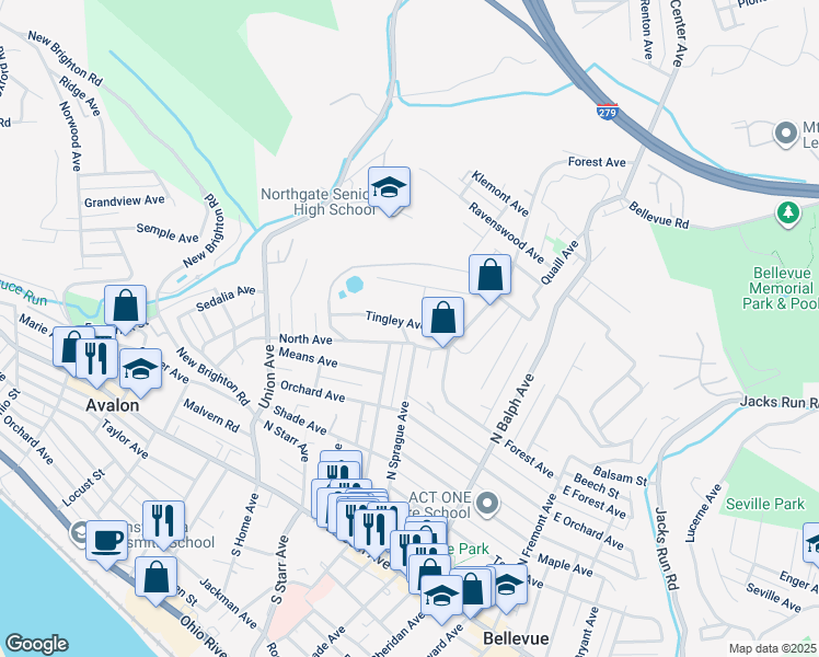 map of restaurants, bars, coffee shops, grocery stores, and more near 624 North Avenue in Bellevue