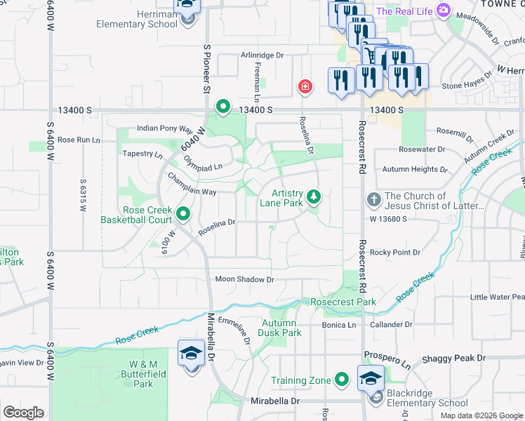 map of restaurants, bars, coffee shops, grocery stores, and more near 13667 Premier Lane in Herriman