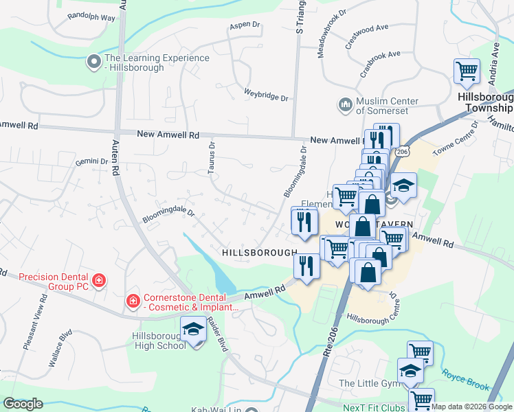 map of restaurants, bars, coffee shops, grocery stores, and more near 53 Taurus Drive in Hillsborough Township