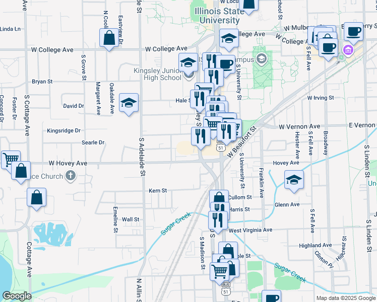map of restaurants, bars, coffee shops, grocery stores, and more near 711 Kingsley Street in Normal
