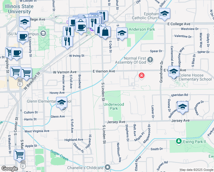 map of restaurants, bars, coffee shops, grocery stores, and more near 203 Lindell Drive in Normal