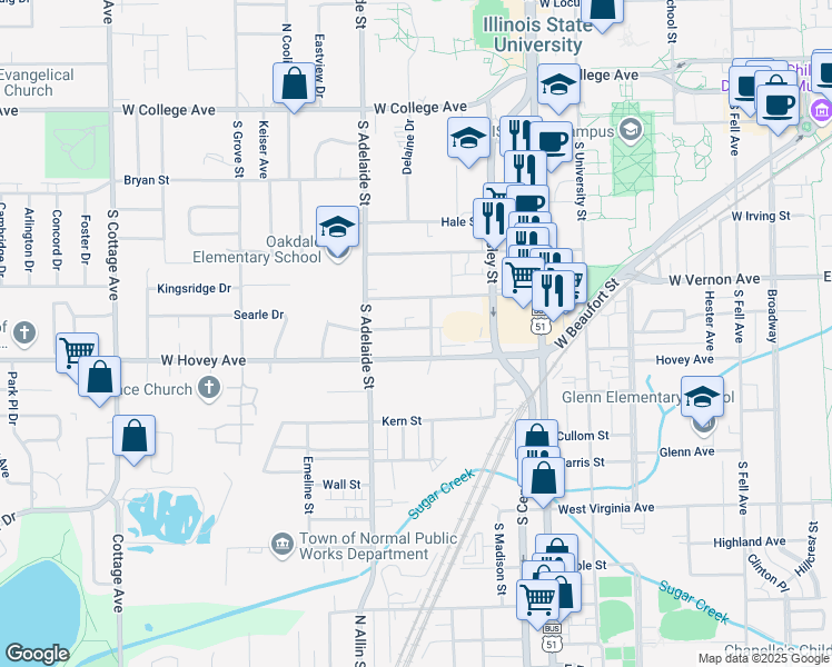 map of restaurants, bars, coffee shops, grocery stores, and more near 1005 Morgan Street in Normal