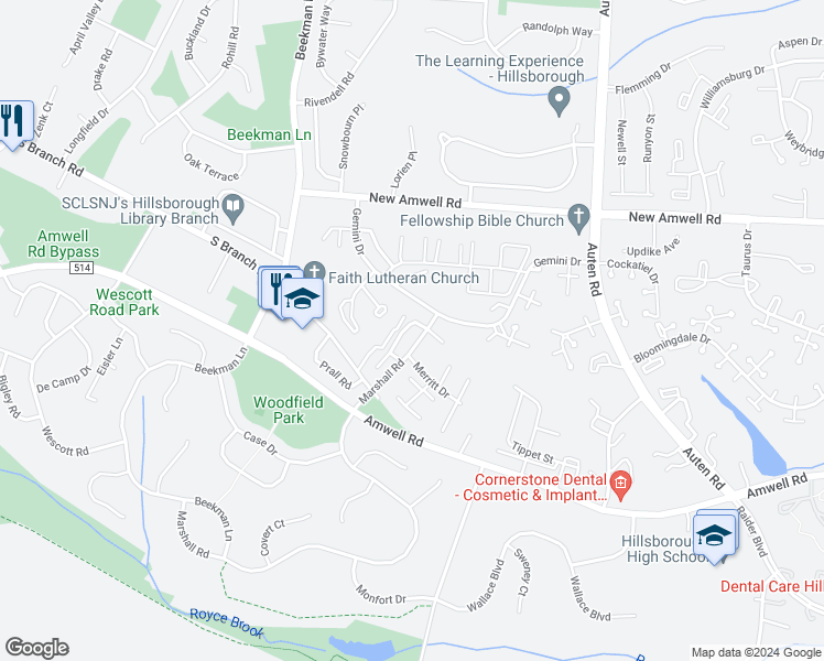 map of restaurants, bars, coffee shops, grocery stores, and more near 673 Dover Court in Hillsborough Township