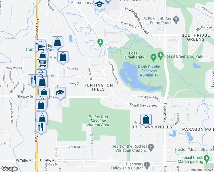 map of restaurants, bars, coffee shops, grocery stores, and more near 625 Saint Michaels Drive in Fort Collins