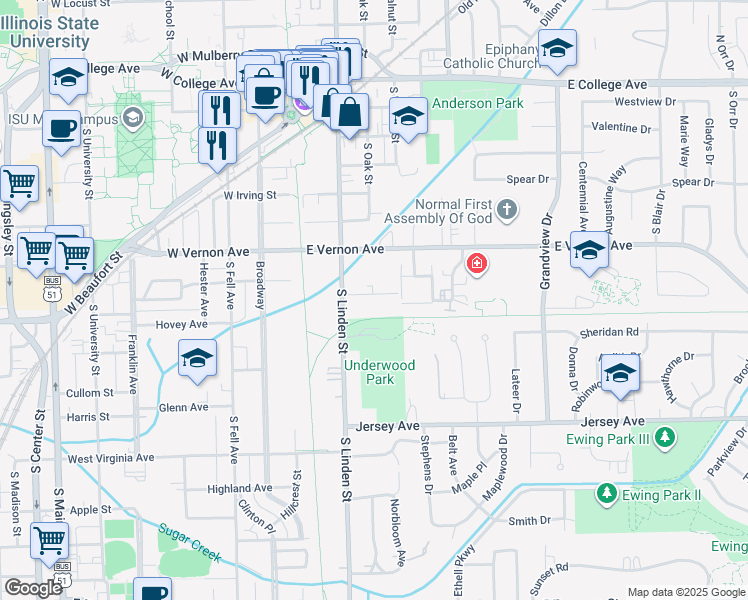 map of restaurants, bars, coffee shops, grocery stores, and more near 207 Lindell Drive in Normal