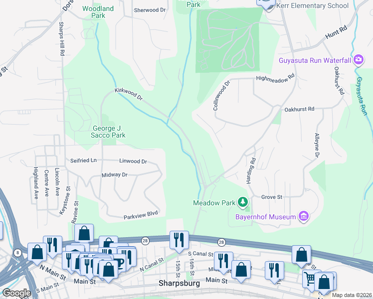 map of restaurants, bars, coffee shops, grocery stores, and more near 82 Lower Road in Pittsburgh