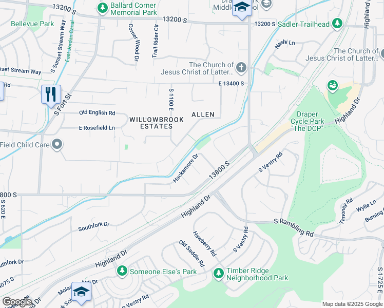 map of restaurants, bars, coffee shops, grocery stores, and more near 1157 Hackamore Drive in Draper