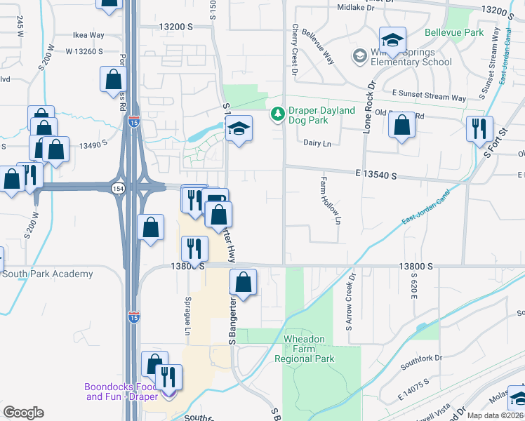 map of restaurants, bars, coffee shops, grocery stores, and more near 261 East Concord Farm Lane in Draper