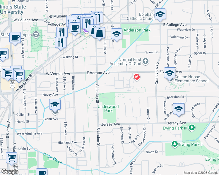 map of restaurants, bars, coffee shops, grocery stores, and more near 211 Lindell Drive in Normal