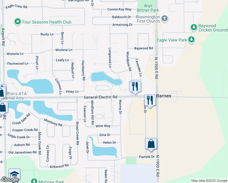 map of restaurants, bars, coffee shops, grocery stores, and more near 38 Inglewood Lane in Bloomington