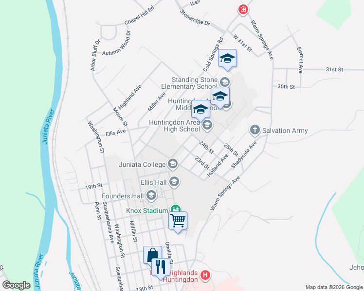 map of restaurants, bars, coffee shops, grocery stores, and more near 2401 23rd Street in Huntingdon