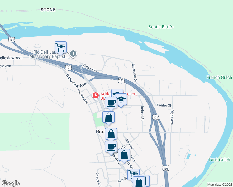 map of restaurants, bars, coffee shops, grocery stores, and more near 38-62 Painter St in Rio Dell