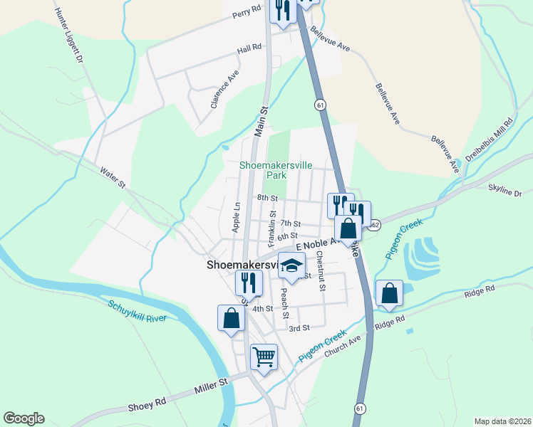 map of restaurants, bars, coffee shops, grocery stores, and more near 700 Franklin Street in Shoemakersville
