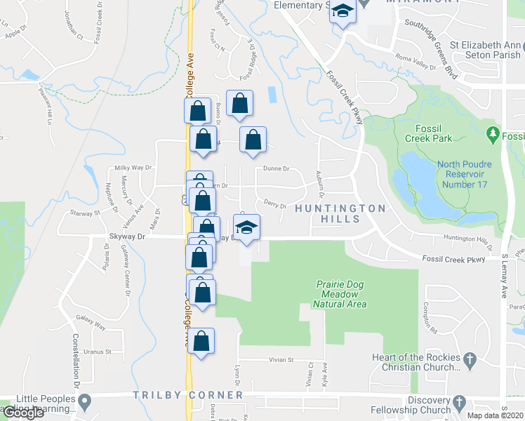 map of restaurants, bars, coffee shops, grocery stores, and more near 345 Brinn Court in Fort Collins